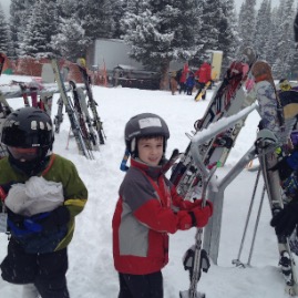 It's snowy on the first day of ski lessons