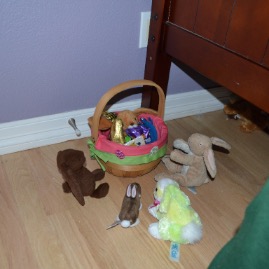 Ted's bunnies welcome a new friend on Easter morning