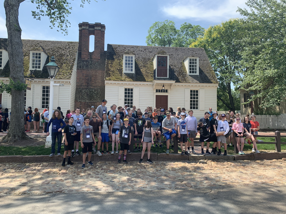8th graders waiting for lunch at Shields Tavern in Colonial Williamsburg