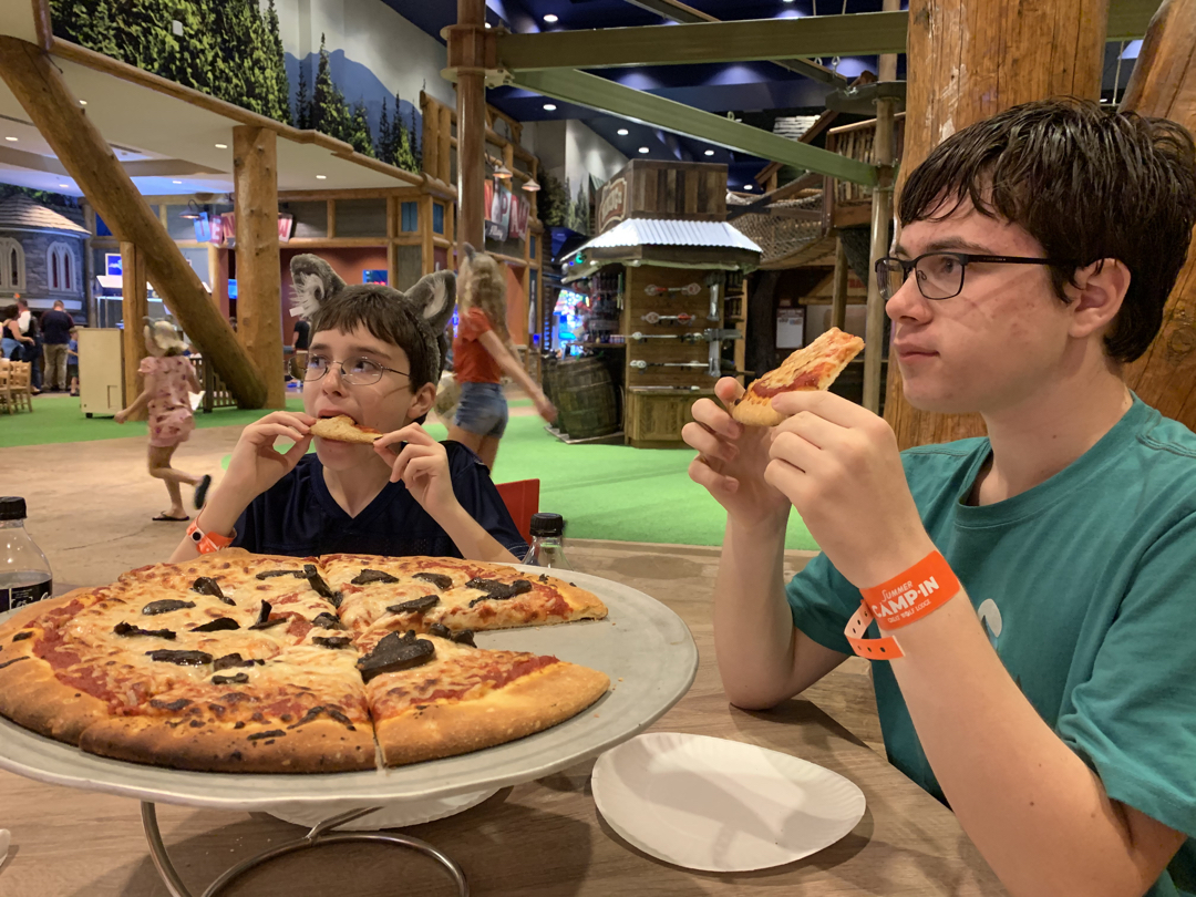 Well deserved pizza after exploring the water park for a couple hours