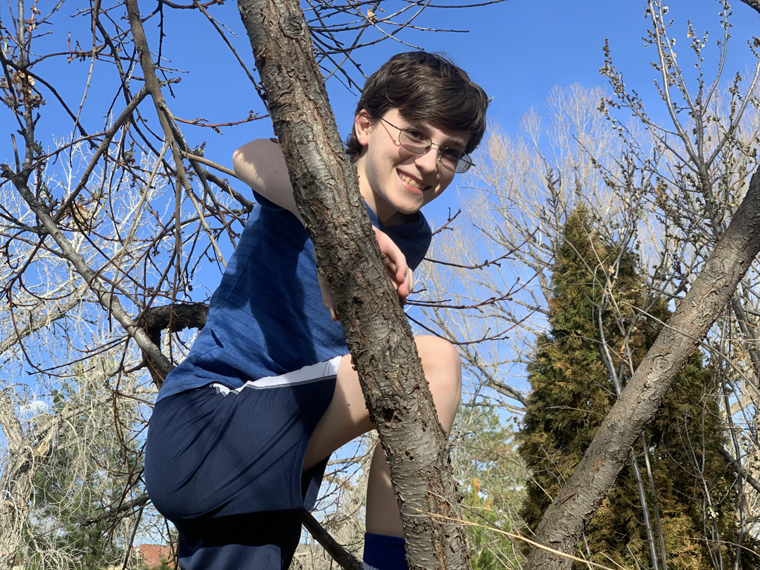 Ted in a peach tree