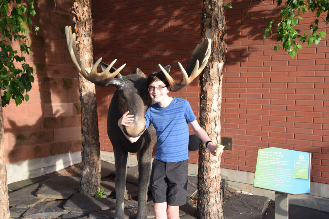 Ted hugs a moose: classic Vermont