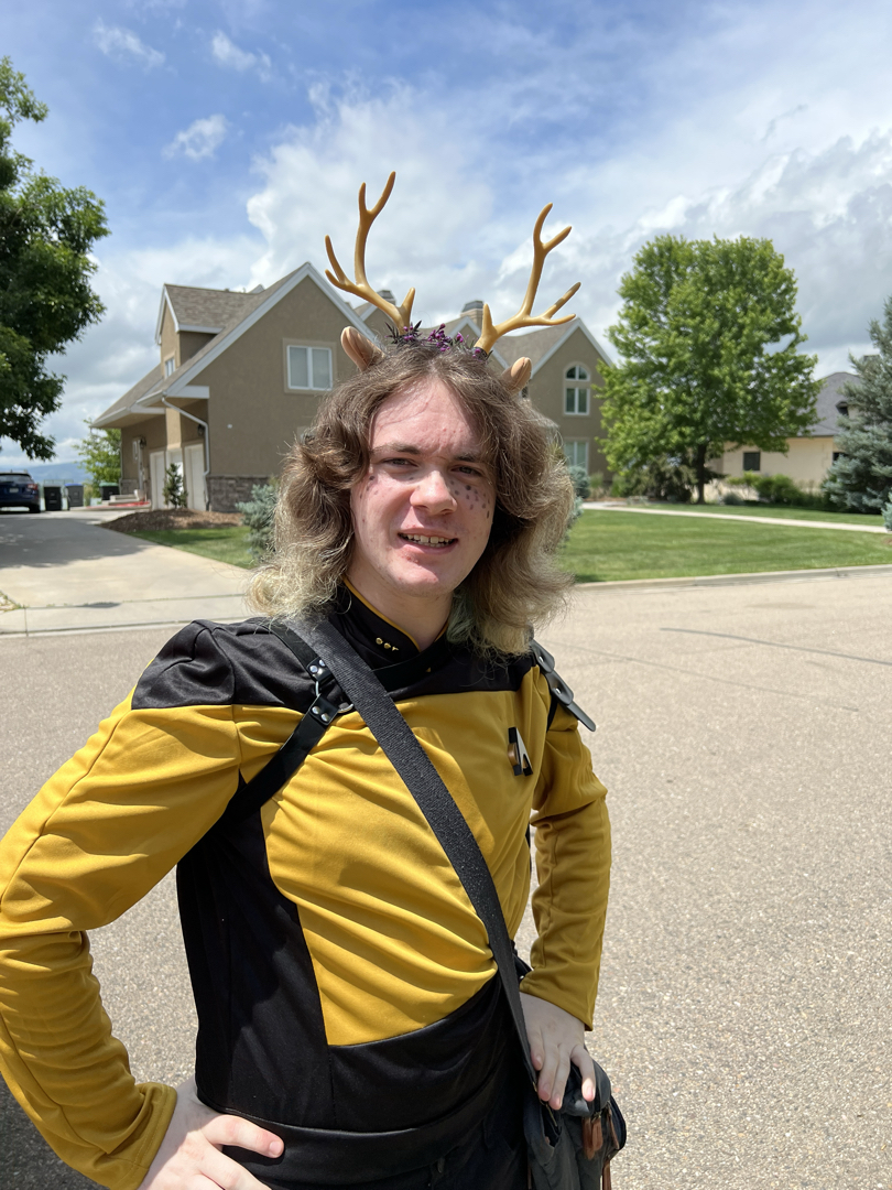 Deer antlers complete the look