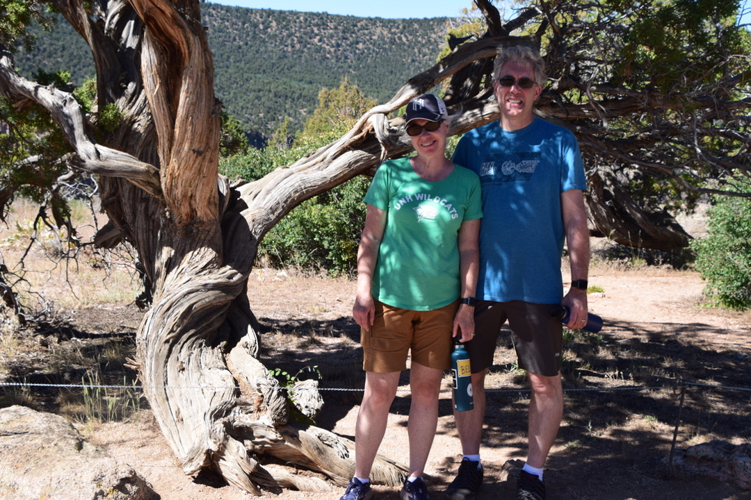 Mom and Dad under a twisted juniper