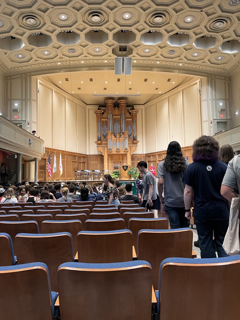 Families arrive at Memorial Chapel for a welcome address