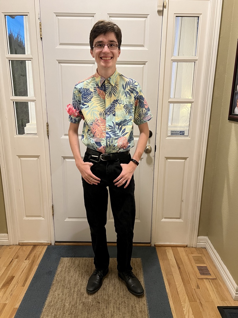 Ted as Hawaiian Ken for the Barbie-themed Homecoming dance