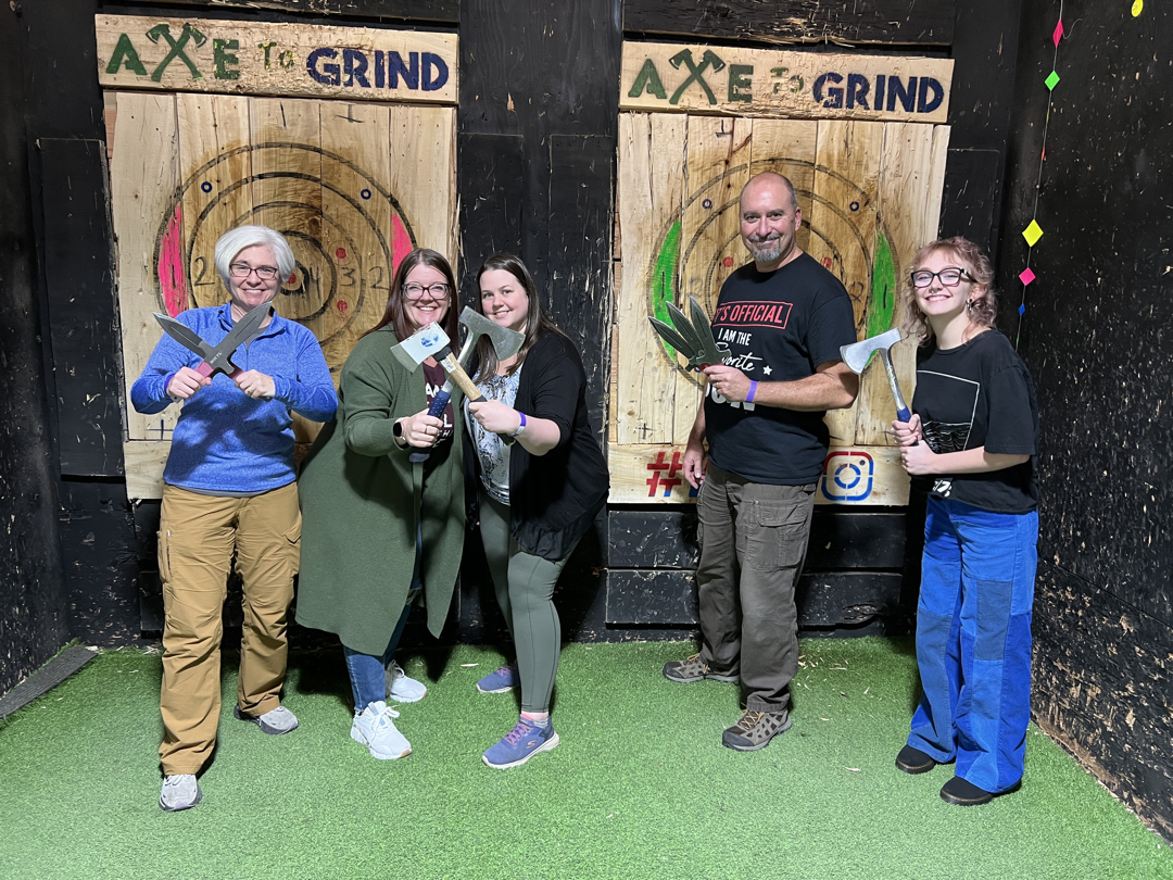 Co-worker fun with knives and axes