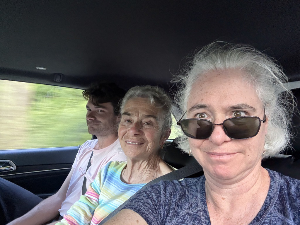 Jammed in the back seat, on our way to dinner